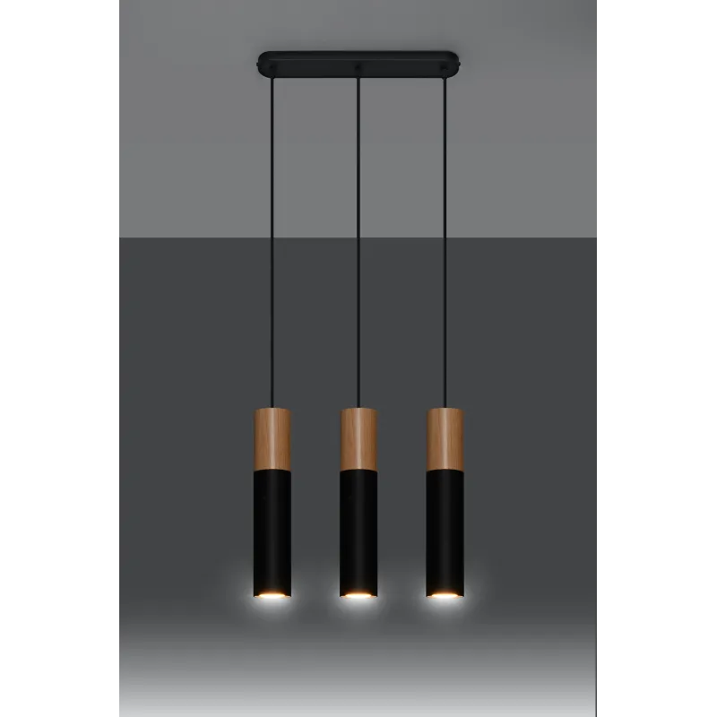 Suspension PABLO 3, acier/bois, noir/naturel, GU10 - Pas cher