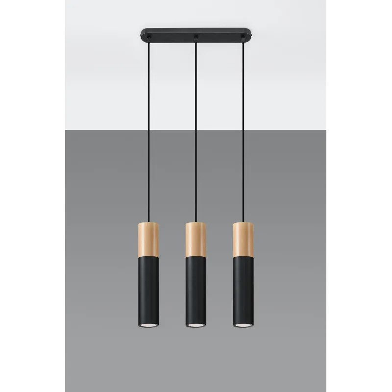 Suspension PABLO 3, acier/bois, noir/naturel, GU10 - Pas cher