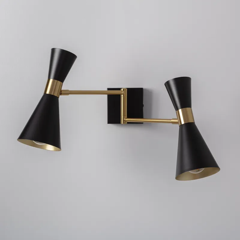 Applique murale noire double tetes culot e27 métal noir et doré