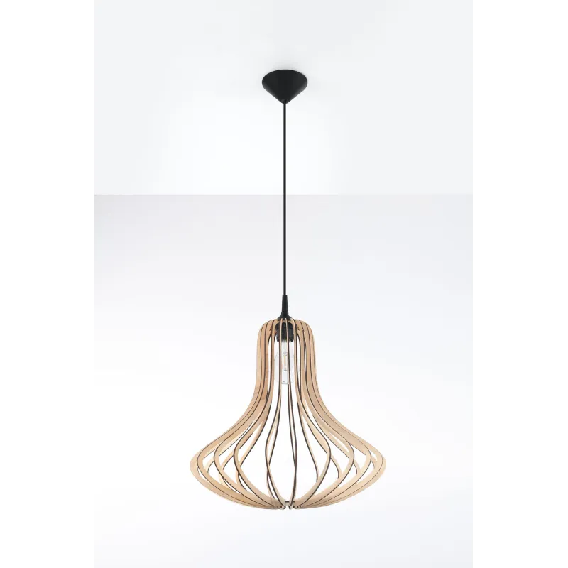 Suspension ELZA bois naturel/PVC, noir, E27 - Pas cher