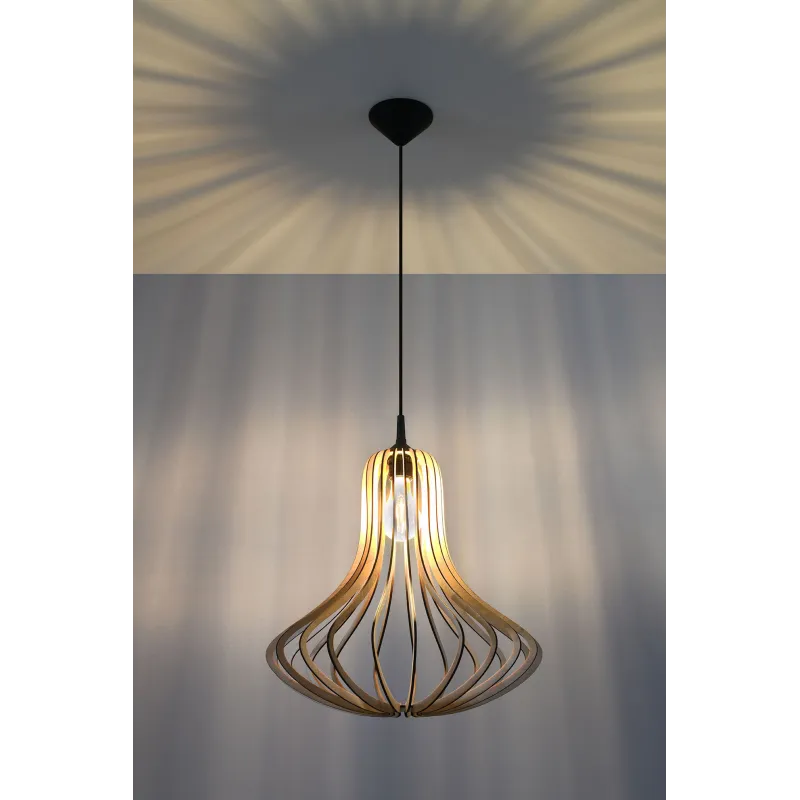 Suspension ELZA bois naturel/PVC, noir, E27 - Pas cher