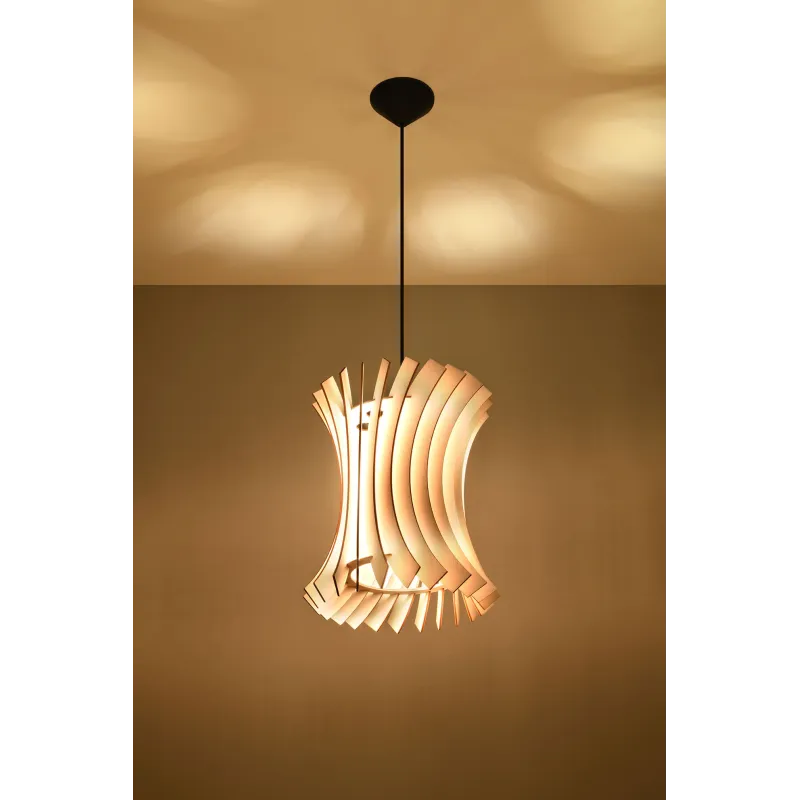 Suspension ORIANA bois naturel/PVC, noir, E27 - Pas cher