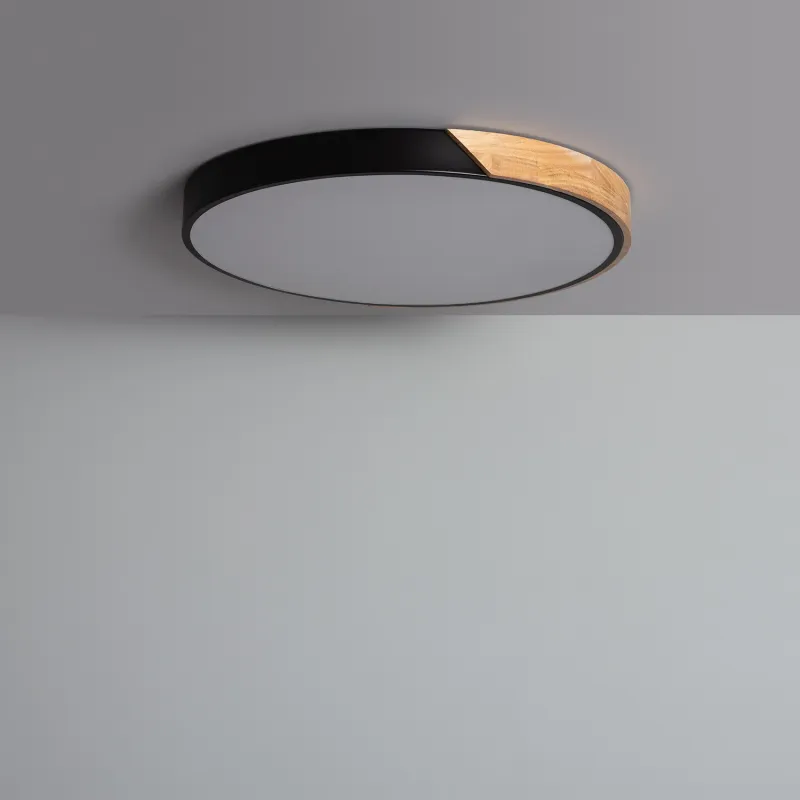 Plafonnier led 18w cct-30cm-3000k-4000k-6000k bois et métal noir