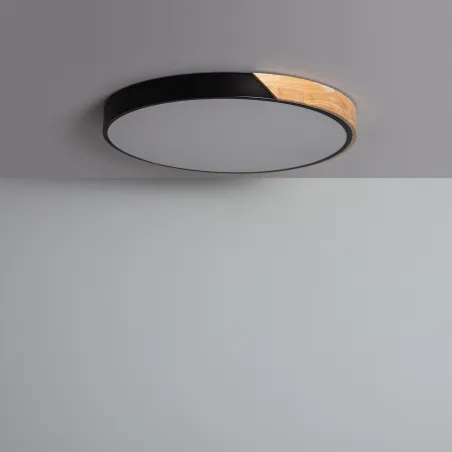 Plafonnier led 18w cct-30cm-3000k-4000k-6000k bois et métal noir