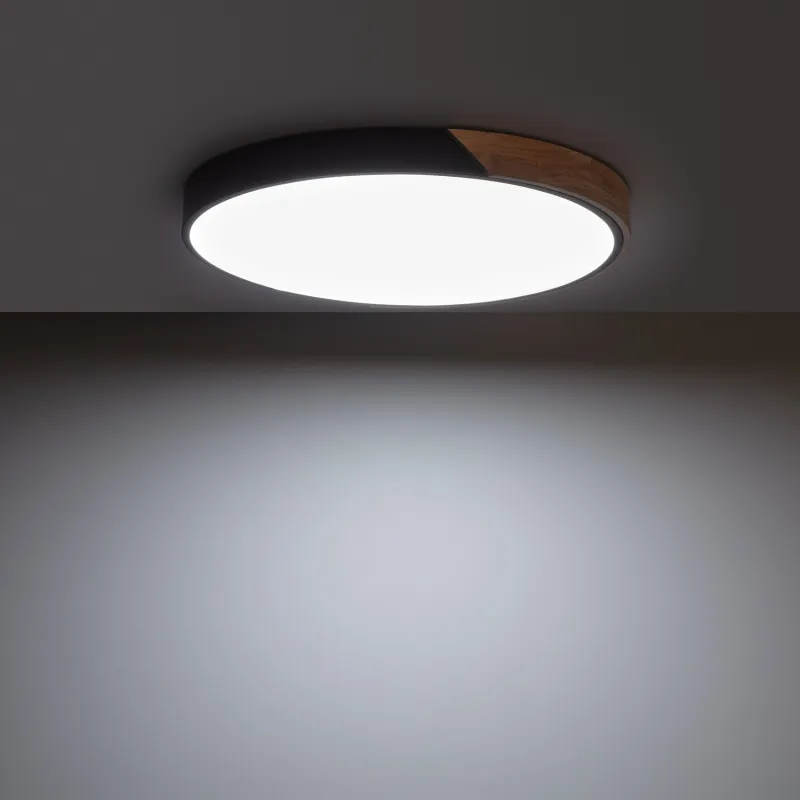 Plafonnier led 18w cct-30cm-3000k-4000k-6000k bois et métal noir