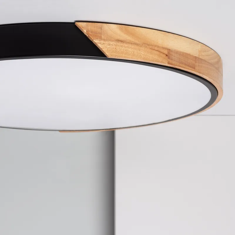 Plafonnier led 18w cct-30cm-3000k-4000k-6000k bois et métal noir