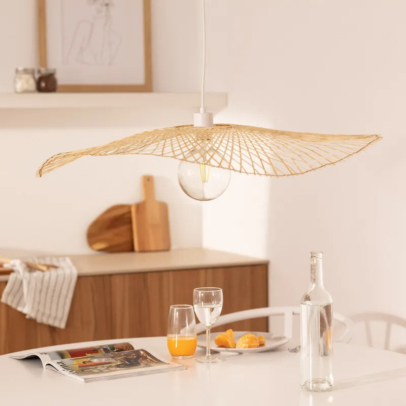 Plafonnier suspension rotin culot e27 fixation câble blanc