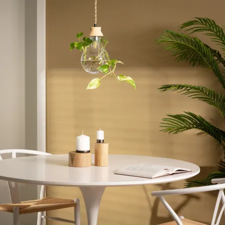 Suspension forme ampoule vase verre culot e27 base bois