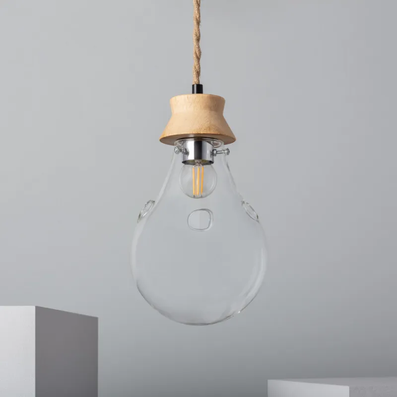 Suspension forme ampoule vase verre culot e27 base bois