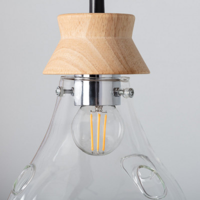 Suspension forme ampoule vase verre culot e27 base bois