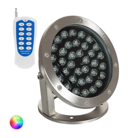 Projecteur spot 36w led rgb 12v ip68 sur pied inox jardin rocaille et massif bassin étanche