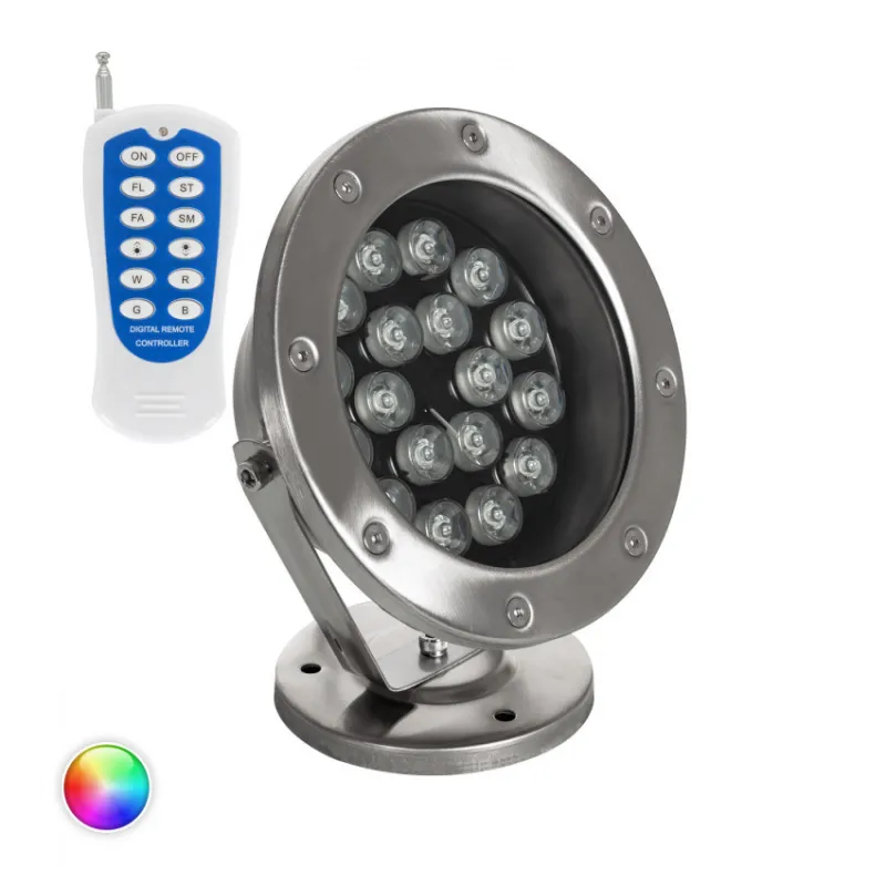 Projecteur spot 18w led rgb 12v ip68 sur pied inox jardin rocaille et massif bassin étanche