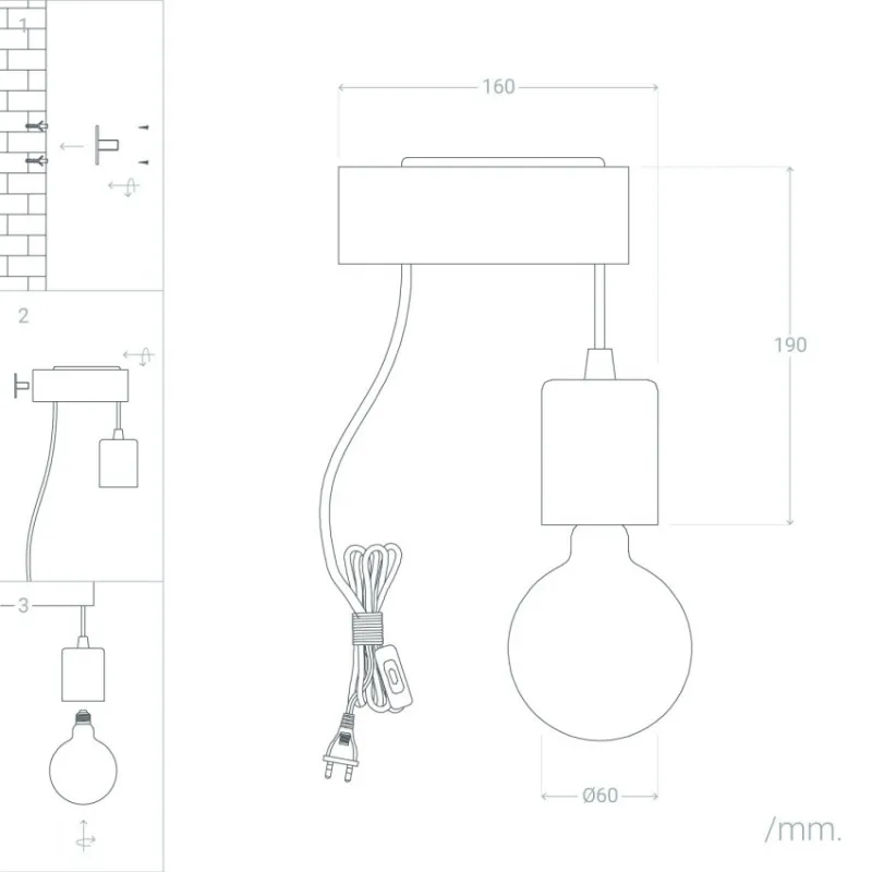 Applique murale support bois et douille suspendu cable noir culot e27