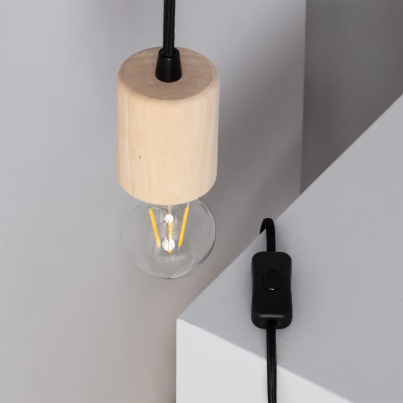 Applique murale support bois et douille suspendu cable noir culot e27