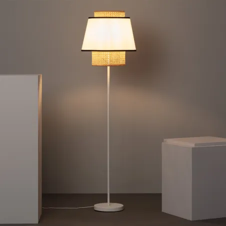 Lampadaire a poser métal blanc et rotin douille culot e27