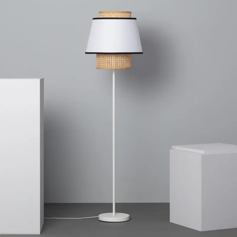 Lampadaire a poser métal blanc et rotin douille culot e27