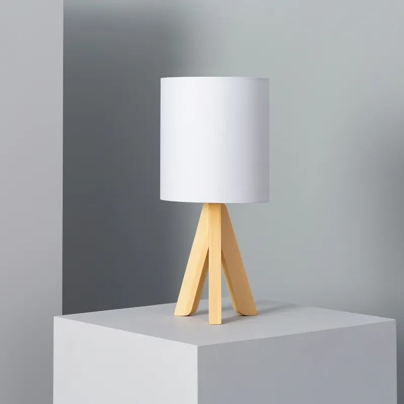 Lampe de table culot e14 PIED BOIS ET ABAT-JOUR rond