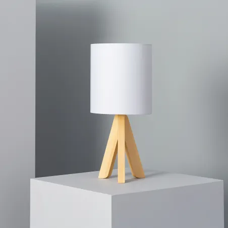 Lampe de table culot e14 PIED BOIS ET ABAT-JOUR rond