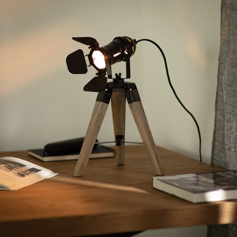 Lampe de table trépied bois et métal noir culot e14