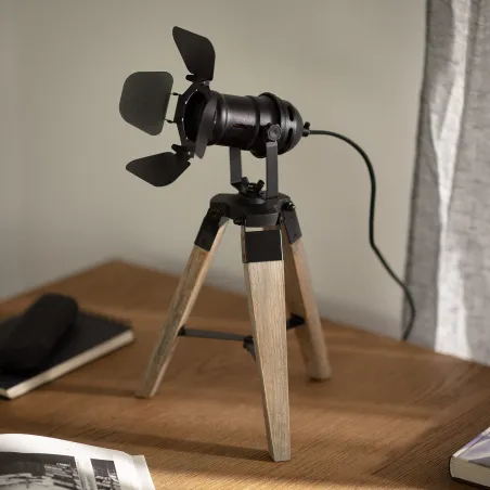 Lampe de table trépied bois et métal noir culot e14
