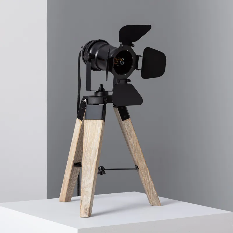 Lampe de table trépied bois et métal noir culot e14
