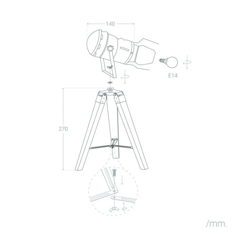 Lampe de table trépied bois et métal noir culot e14