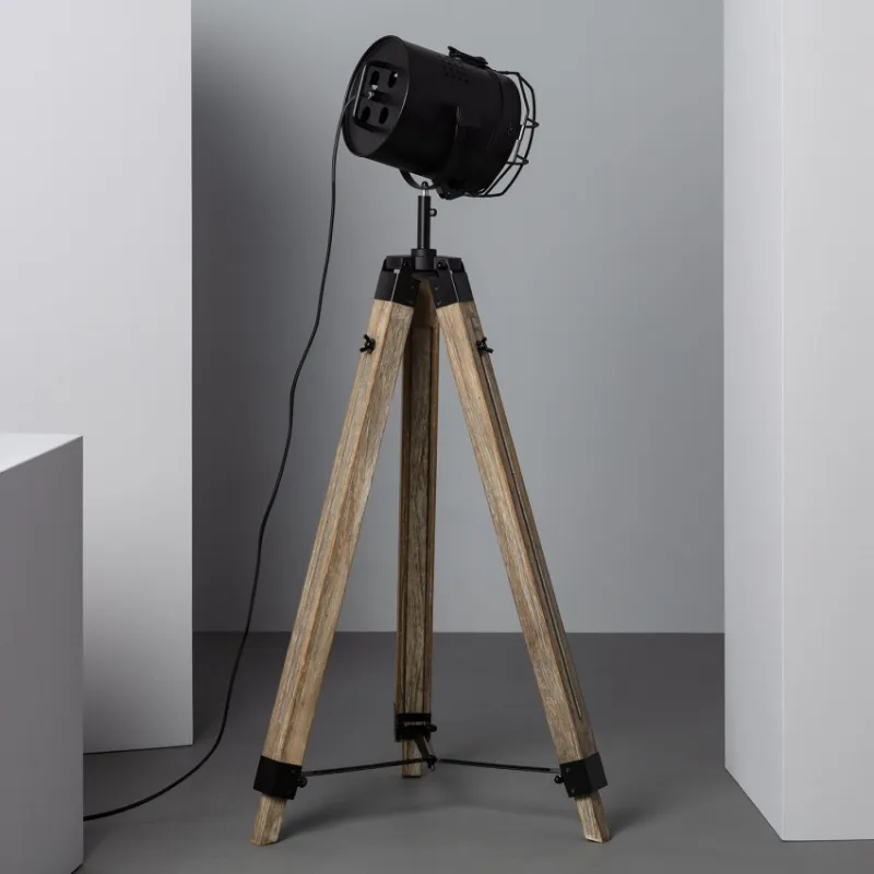 Lampadaire a poser trépied bois et métal noir douille culot e27