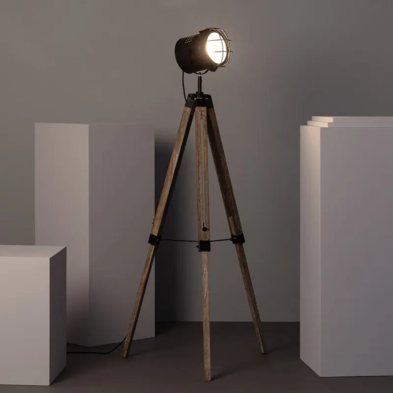 Lampadaire a poser trépied bois et métal noir douille culot e27