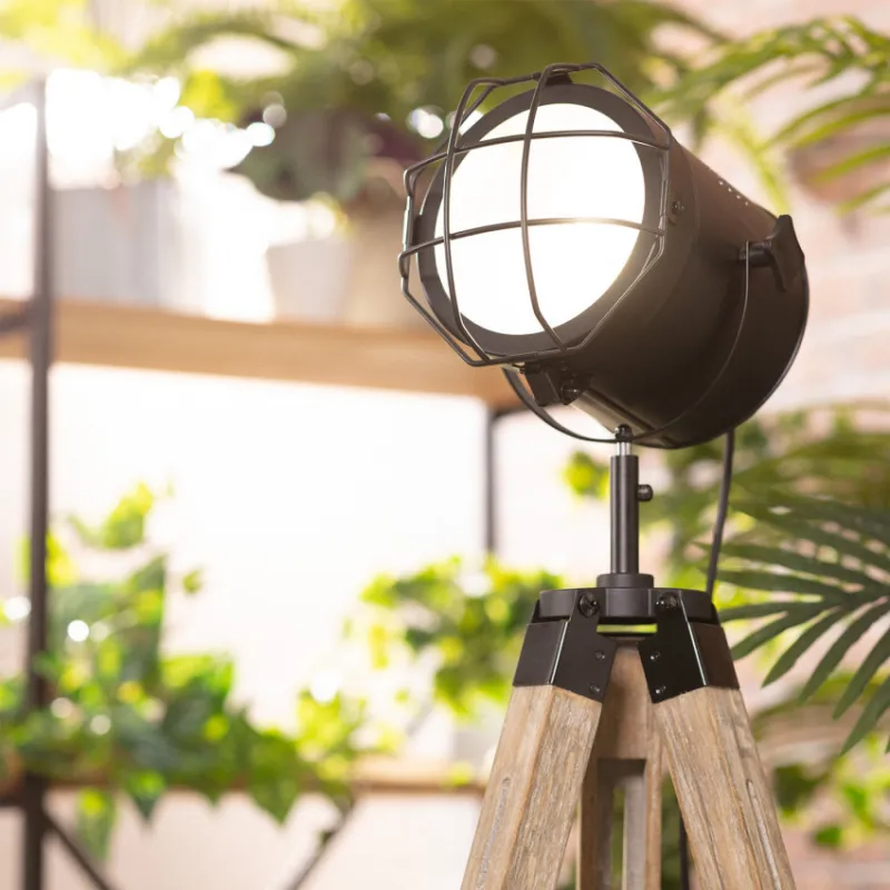 Lampadaire a poser trépied bois et métal noir douille culot e27