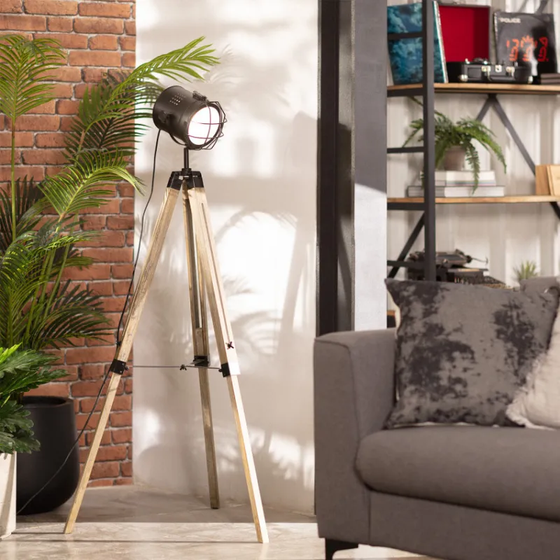 Lampadaire a poser trépied bois et métal noir douille culot e27