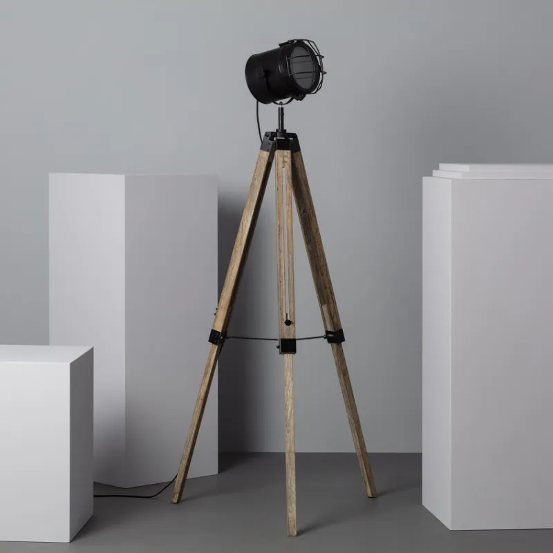 Lampadaire a poser trépied bois et métal noir douille culot e27