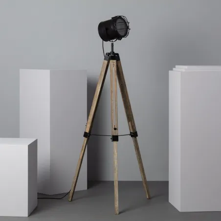 Lampadaire a poser trépied bois et métal noir douille culot e27