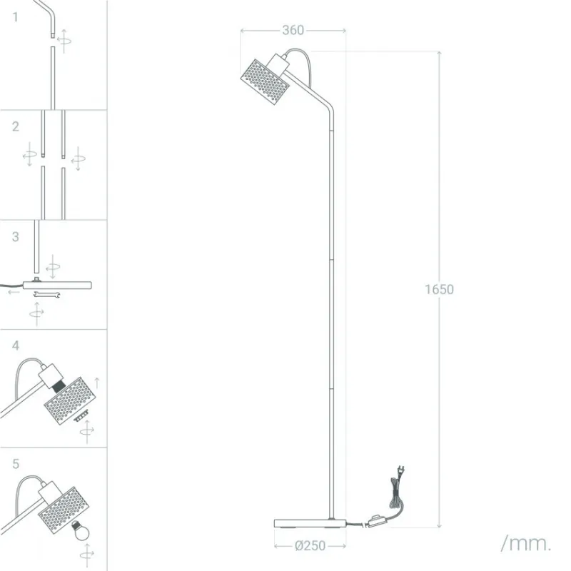 Lampadaire lampe sur pied doré aluminium couleur noir culot e27